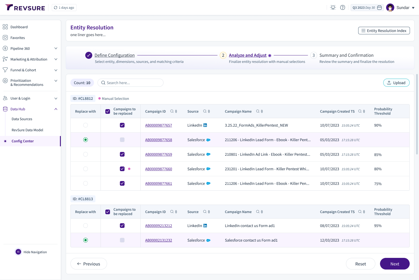 Entity resolution configuration interface displaying campaign details and selection options.